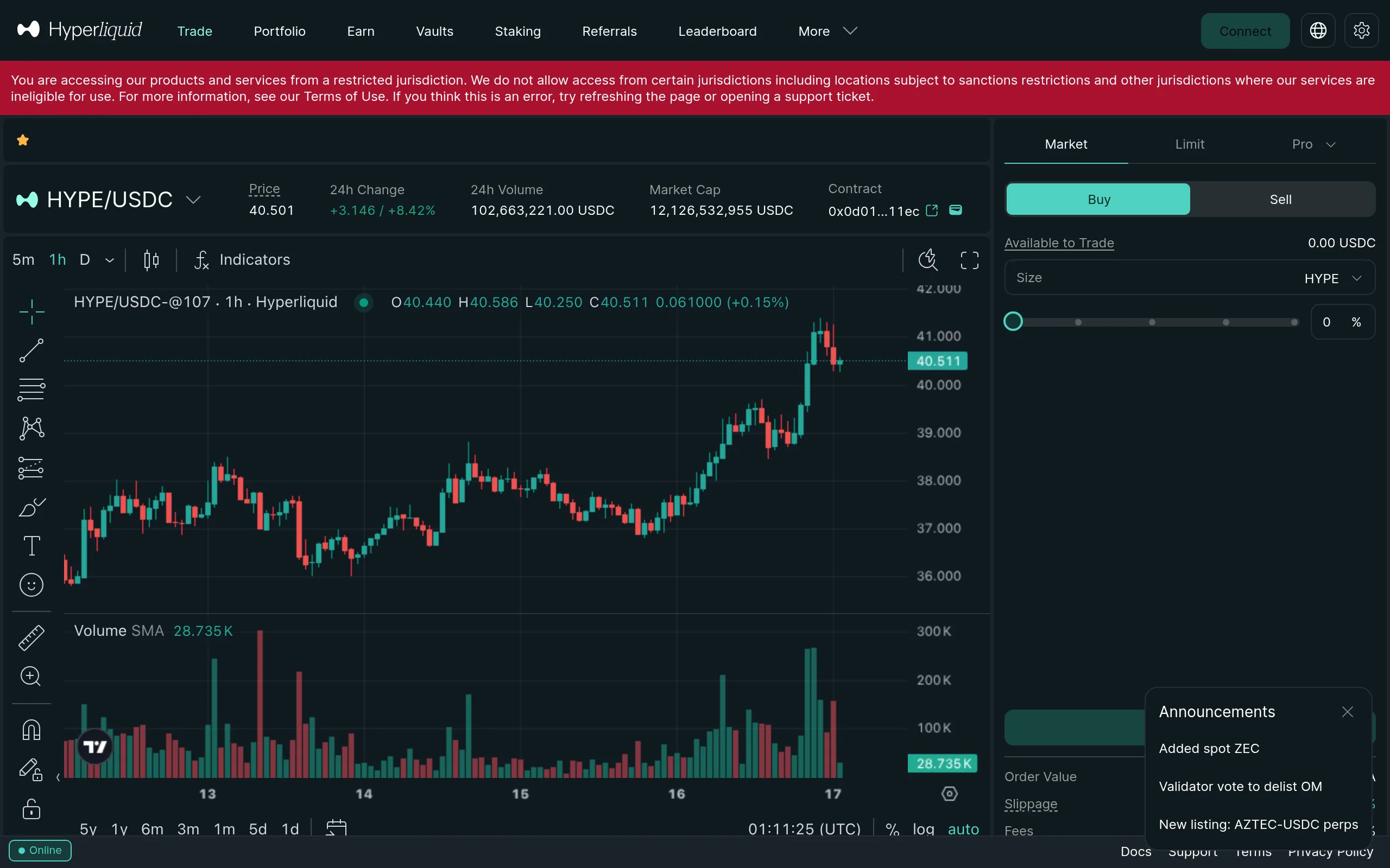 Hyperliquid trading interface showing HYPE/USDC chart with order book
