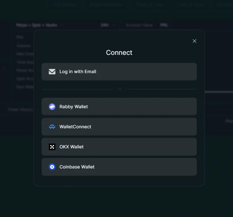 Hyperliquid connect wallet popup showing wallet options