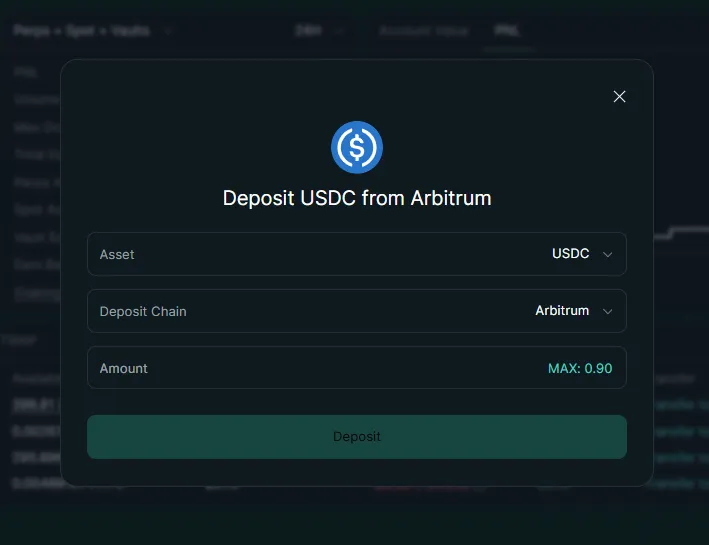 Hyperliquid deposit interface showing USDC amount input and deposit button