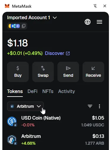 Wallet showing USDC balance on Arbitrum network