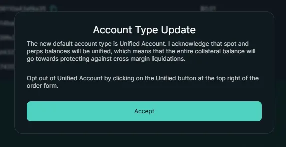 Hyperliquid Account Type Update dialog shown on login, explaining that the new default account type is Unified Account with an Accept button